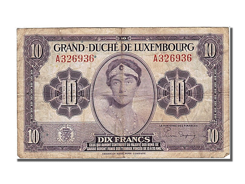 Luxembourg, 10 Francs, 1944, KM #44a, VF(30-35), A 326936