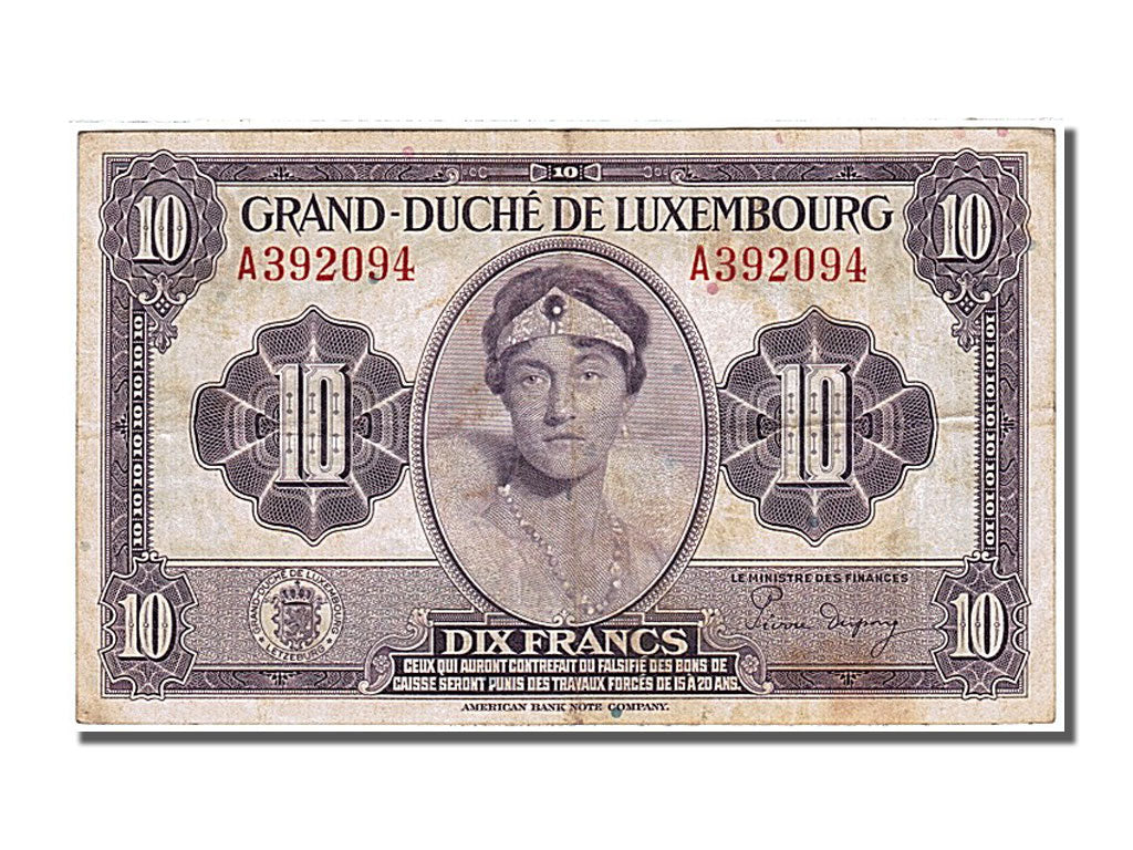 Luxembourg, 10 Francs, 1944, KM #44a, AU(50-53), A 392094