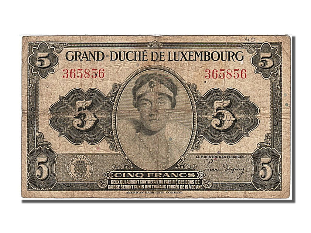 Luxembourg, 5 Francs, 1944, KM #43a, VF(20-25), 365856