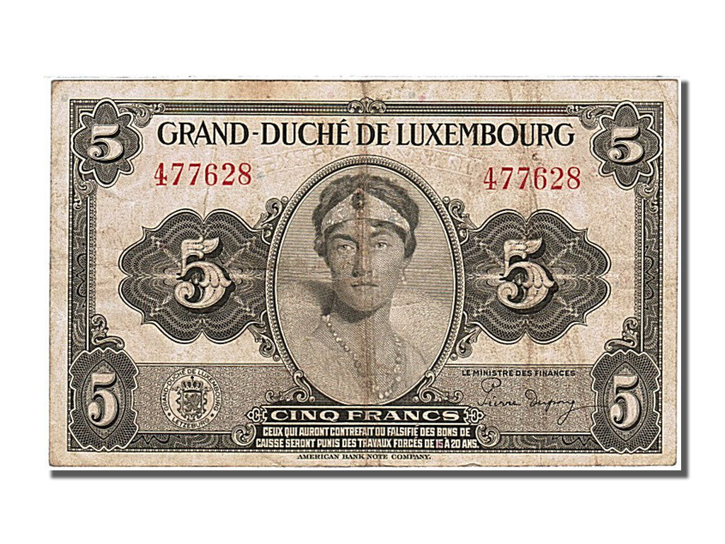 Luxembourg, 5 Francs, 1944, KM #43a, VF(30-35), 477628