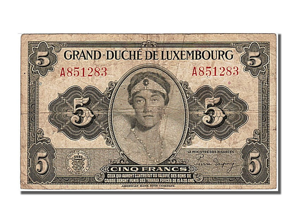 Luxembourg, 5 Francs, 1944, KM #43b, VF(30-35), A 851283