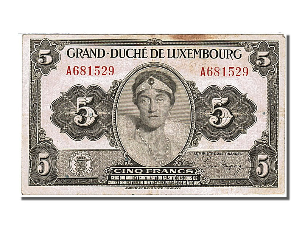 Luxembourg, 5 Francs, 1944, KM #43b, EF(40-45), A 681529