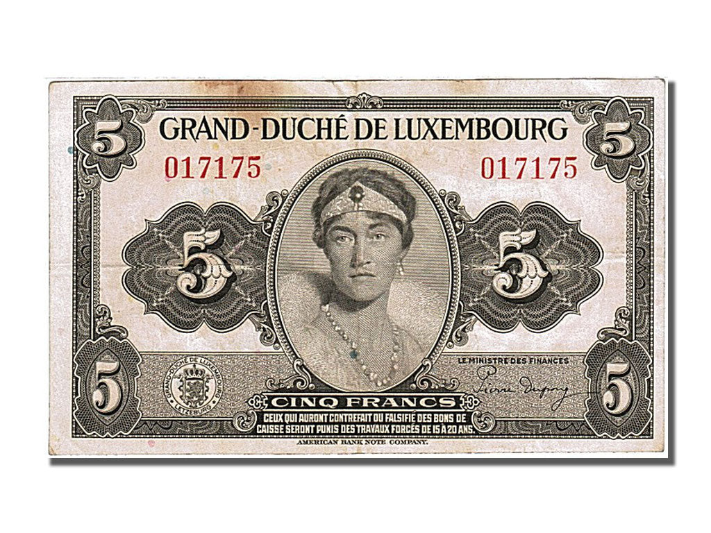 Luxembourg, 5 Francs, 1944, KM #43a, EF(40-45), 017175