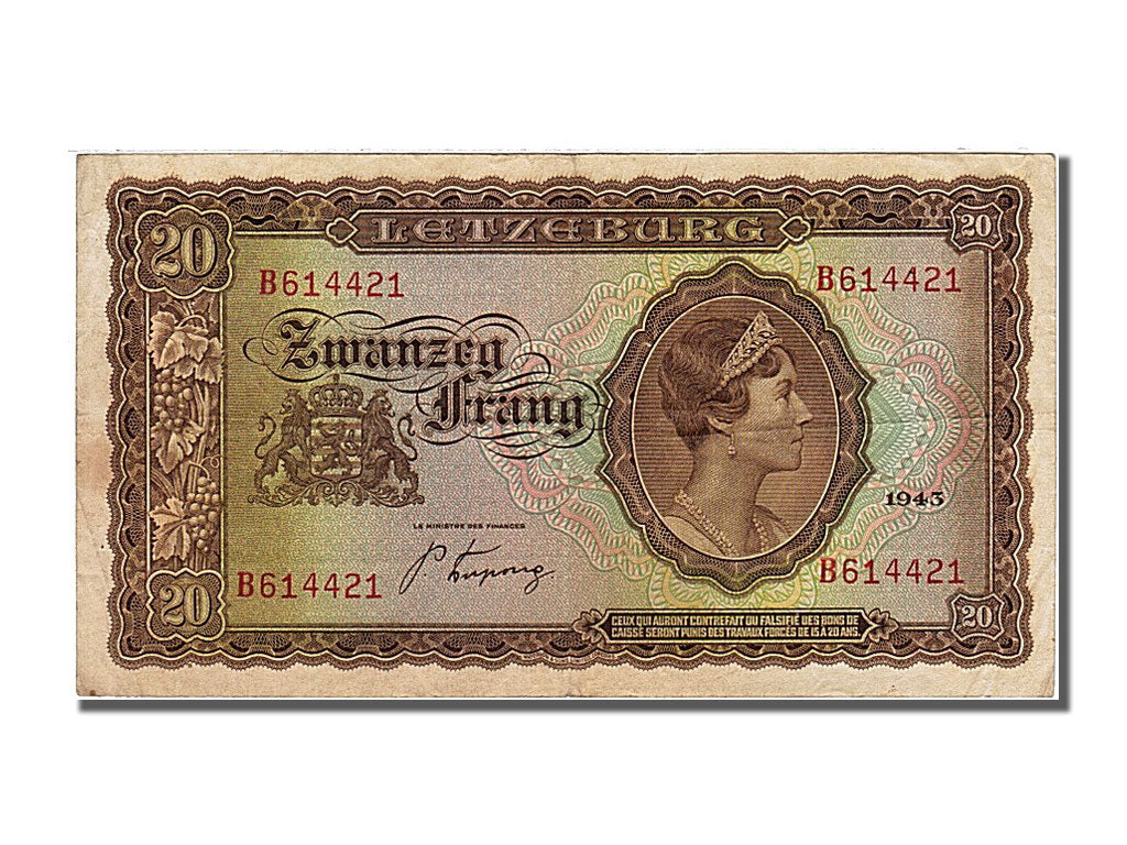 Luxembourg, 20 Frang, 1943, KM #42a, AU(50-53), B 614421