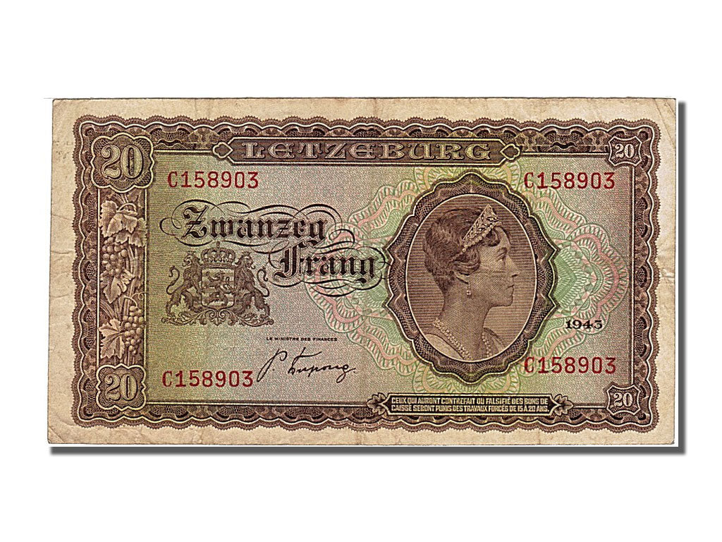 Luxembourg, 20 Frang, 1943, KM #42a, AU(50-53), C 158903