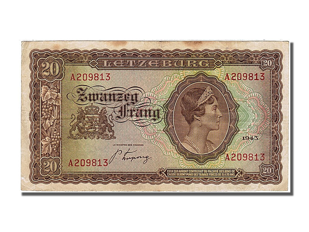 Luxembourg, 20 Frang, 1943, KM #42a, EF(40-45), A 209813