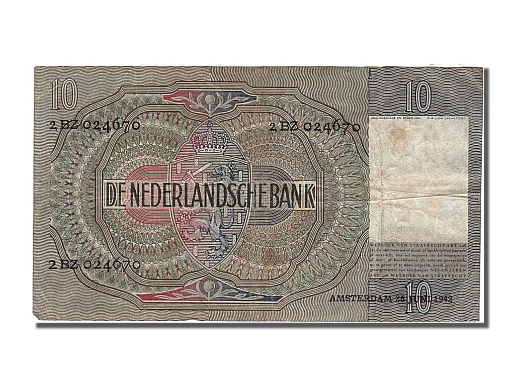 Netherlands, 10 Gulden, 1942, KM #56b, 1942-06-26, EF(40-45), 2BZ 024670