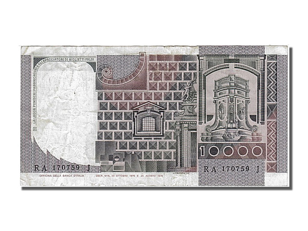 Italy, 10,000 Lire, 1976, KM #106a, 1976-11-30, VF(30-35), RA 170759 J