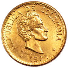 COLOMBIA, 5 Pesos, 1927, KM #204, MS(60-62), Gold, 8.00