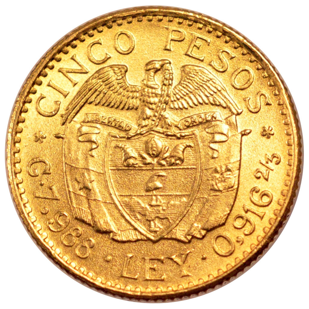 COLOMBIA, 5 Pesos, 1927, KM #204, MS(60-62), Gold, 8.00