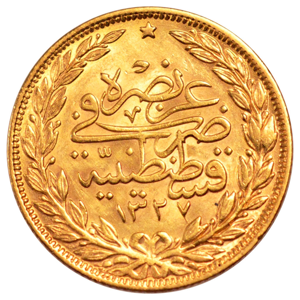 TURKEY, 100 Kurush, 1917, Qustantiniyah, KM #776, AU(50-53), Gold, 7.22