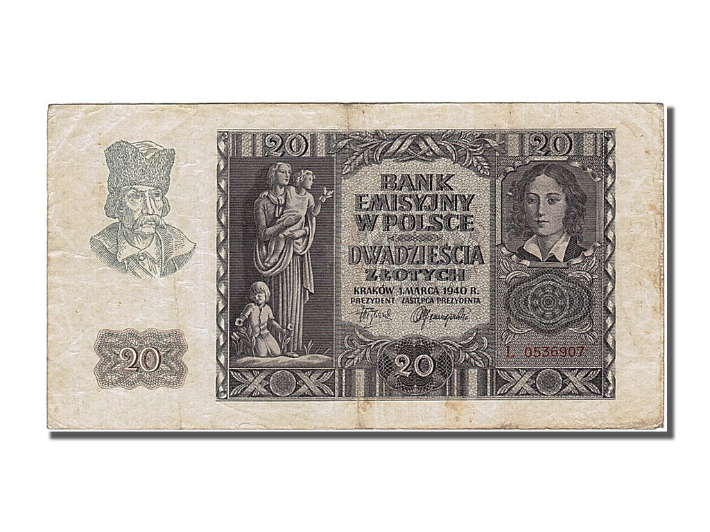 Banknote, Poland, 20 Zlotych, 1940, 1940-03-01, EF(40-45)