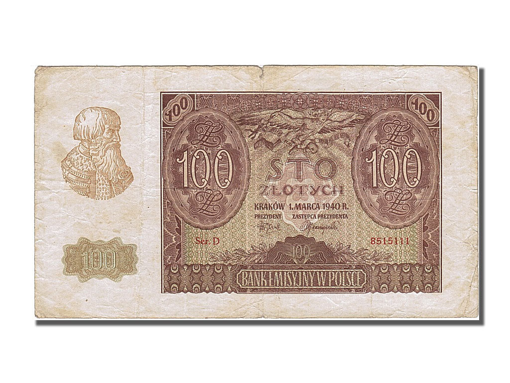 Banknote, Poland, 100 Zlotych, 1940, 1940-03-01, EF(40-45)