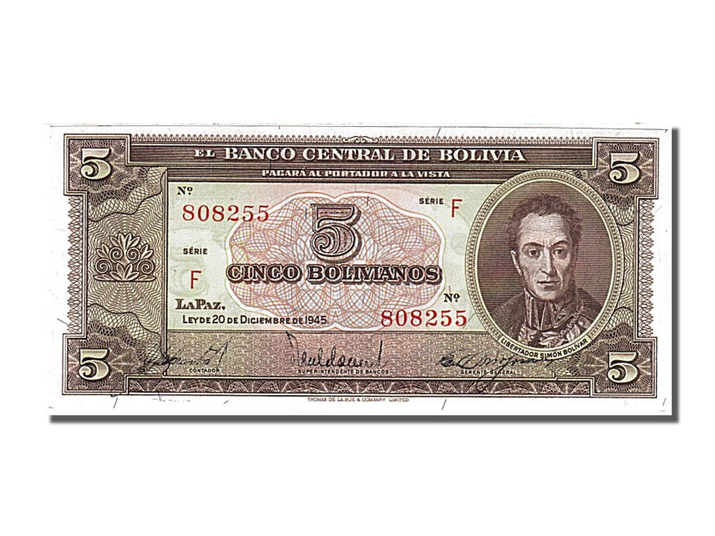 Banknote, Bolivia, 5 Bolivianos, 1945, 1945-12-20, UNC(65-70)