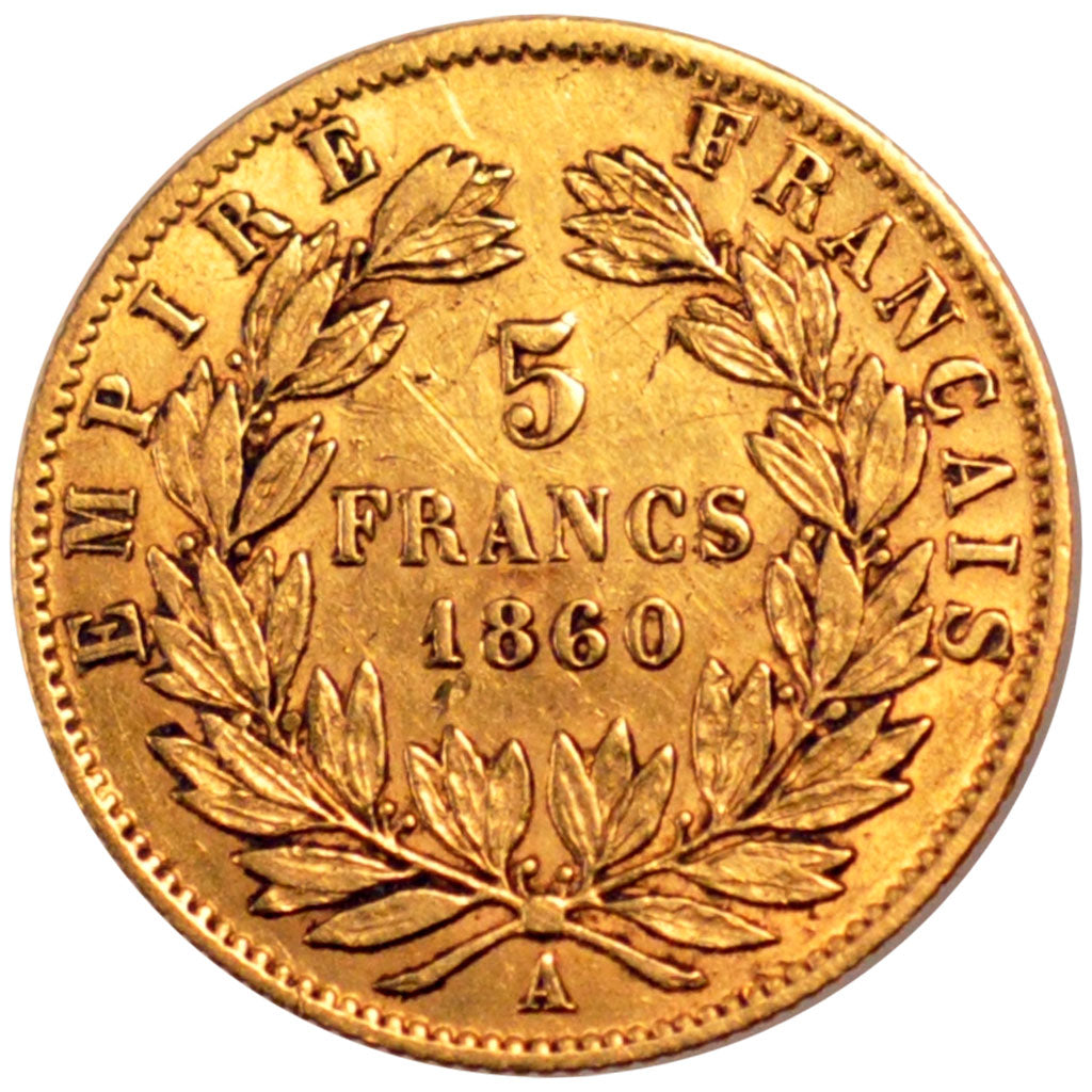 FRANCE, Napoléon III, 5 Francs, 1860, Paris, KM #787.1, VF(30-35), Gold, 16.7, G