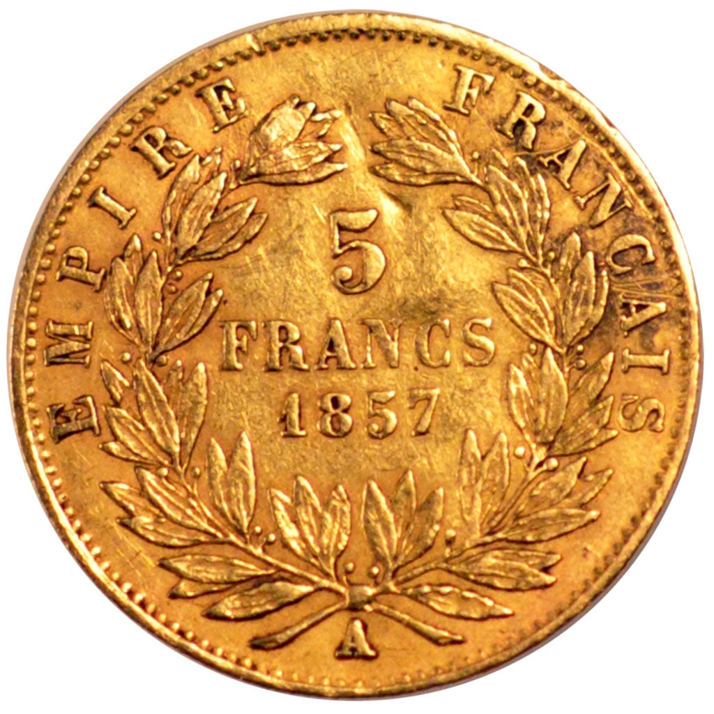 FRANCE, 5 Francs, 1857, Paris, VF(20-25), Gold, Gadoury #1001, 1.59