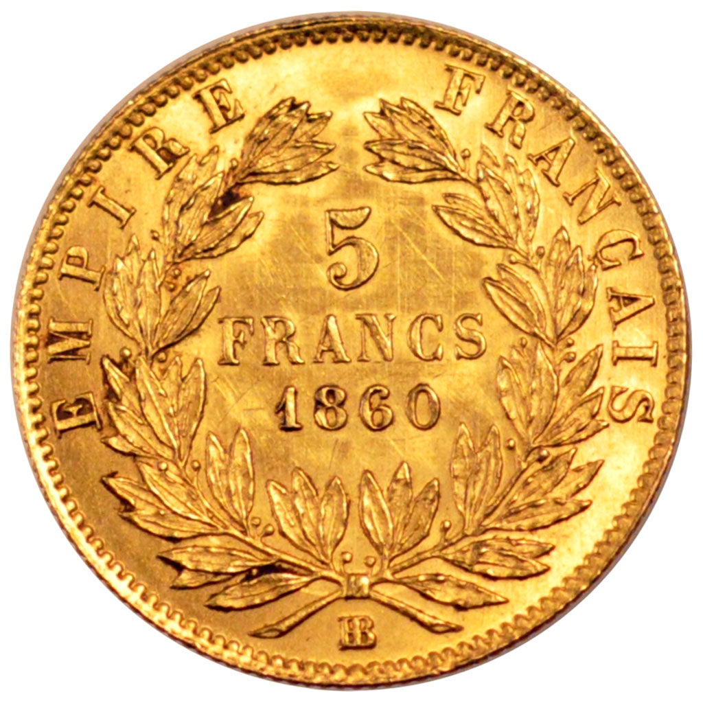 FRANCE, Napoléon III, 5 Francs, 1860, Strasbourg, KM #787.2, AU(55-58), Gold, G.