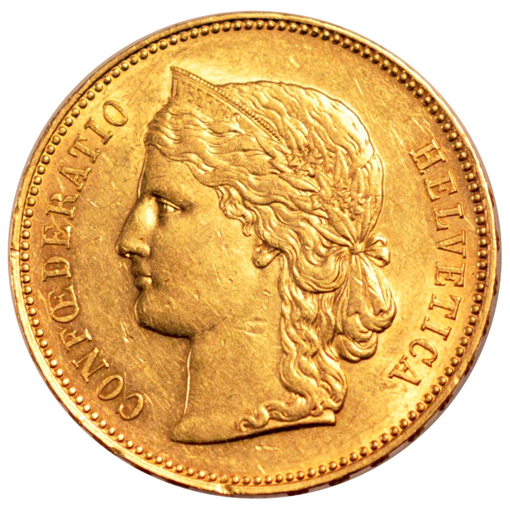 SWITZERLAND, 20 Francs, 1890, Bern, KM #31.3, EF(40-45), Gold, 6.44