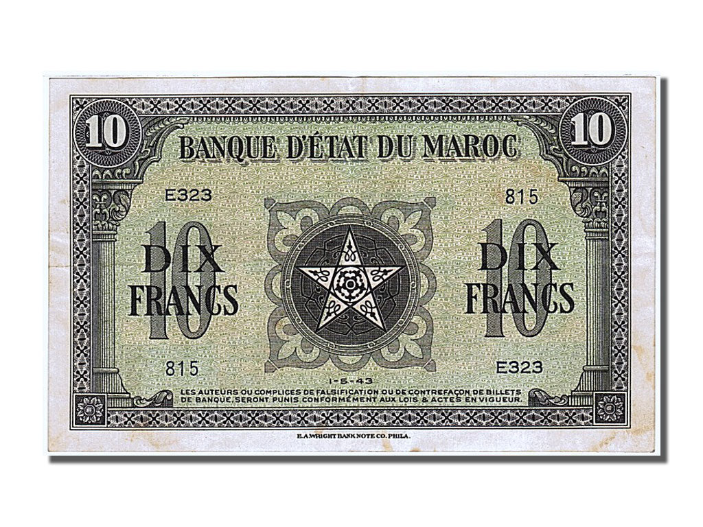 Banknote, Morocco, 10 Francs, 1943, 1943-05-01, AU(55-58)