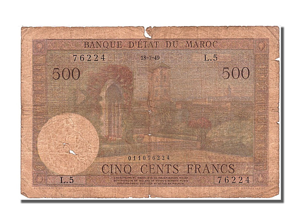 Morocco, 500 Francs, 1949, KM #46, 1949-07-18, VF(30-35), L.5 76224