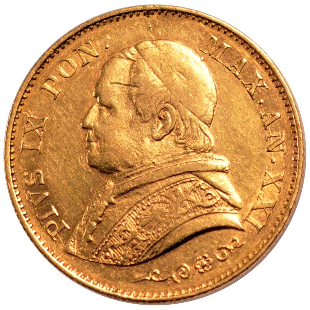 ITALIAN STATES, 20 Lire, 1866, Roma, KM #1382.2, EF(40-45), Gold, 6.47