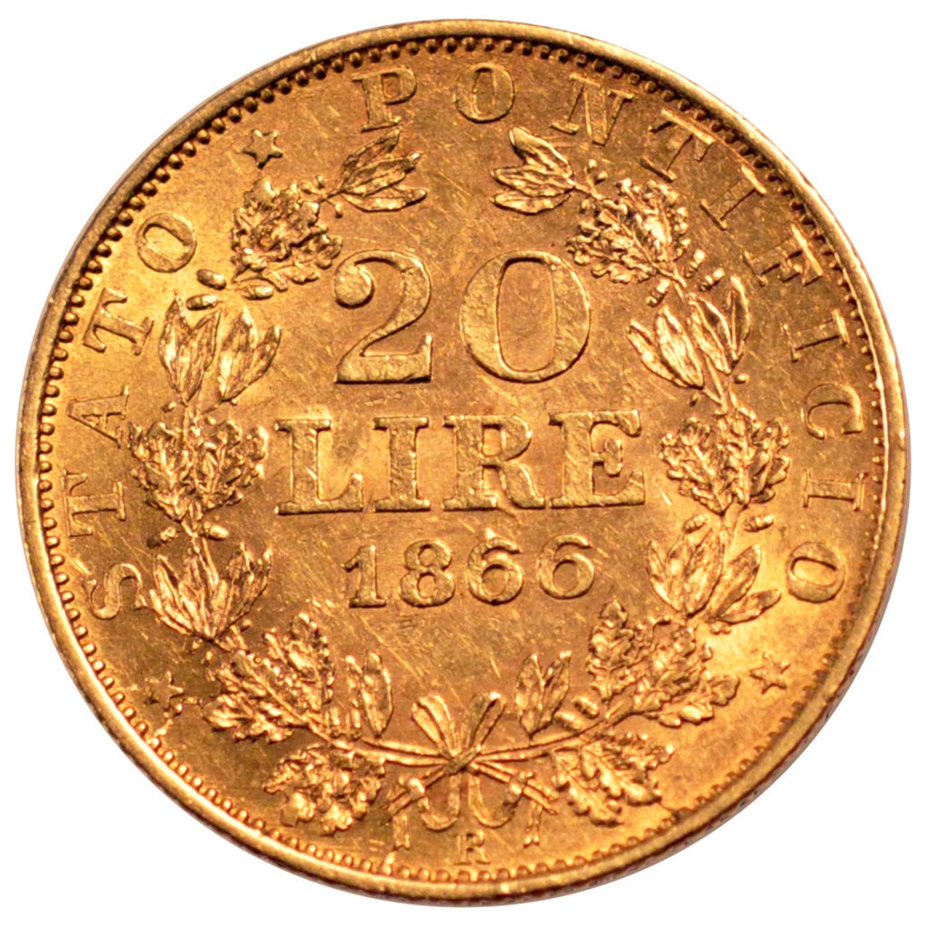 ITALIAN STATES, 20 Lire, 1866, Roma, KM #1382.2, EF(40-45), Gold, 6.47