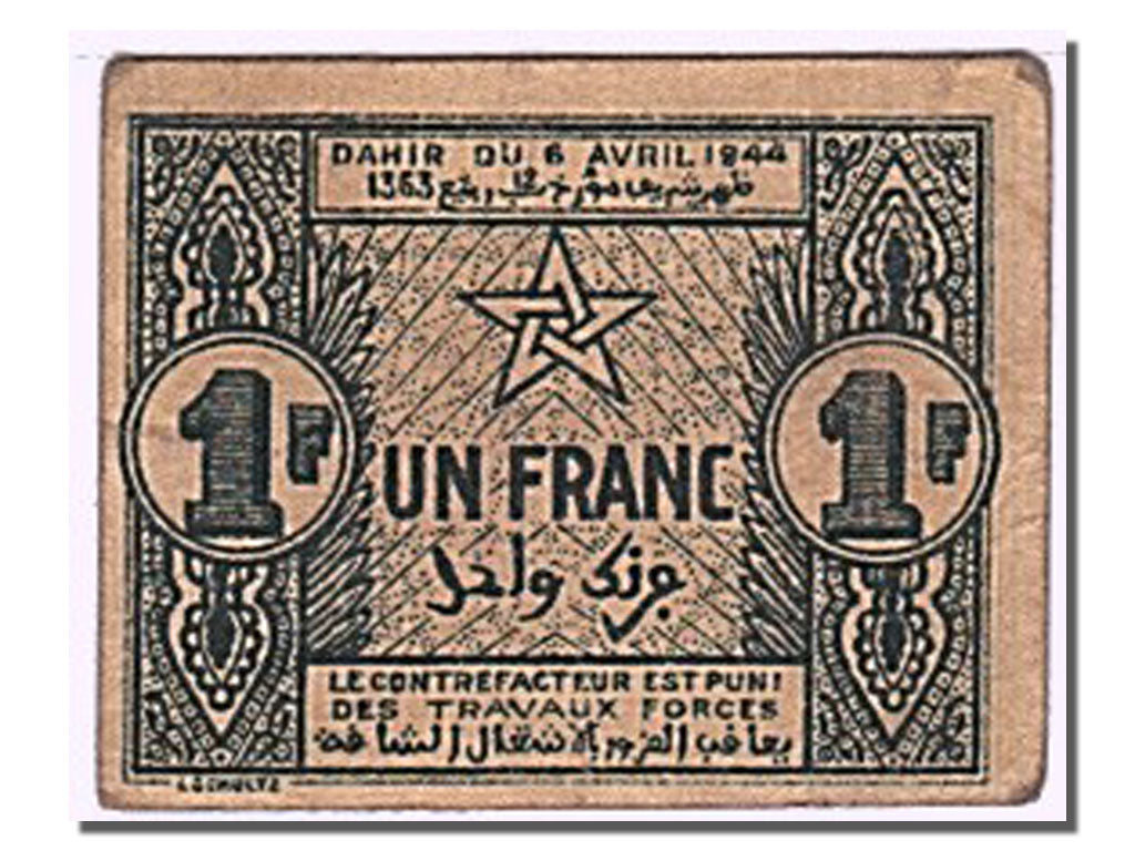 Morocco, 1 Franc, 1944, KM #42, 1944-04-06, AU(55-58)