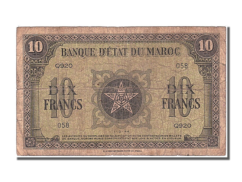 Banknote, Morocco, 10 Francs, 1944, 1944-03-01, VF(20-25)