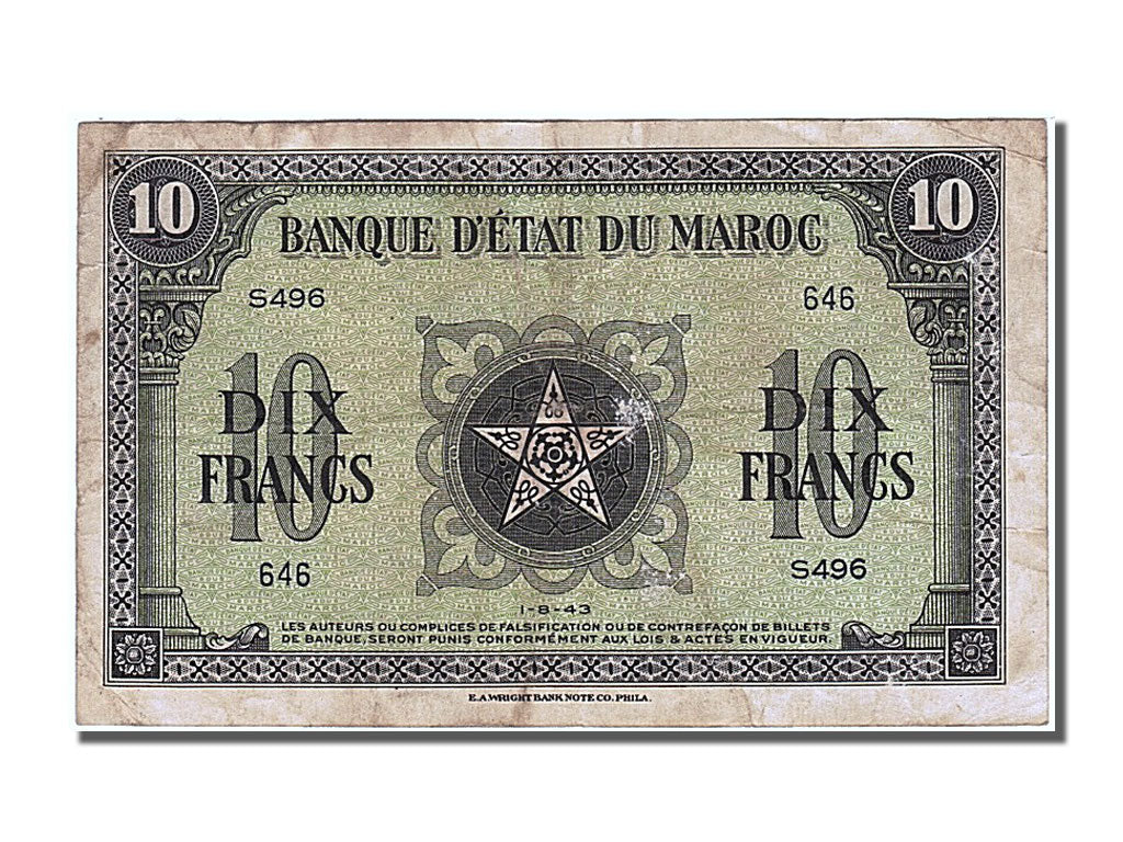 Billet, Maroc, 10 Francs, 1943, 1943-08-01, TTB