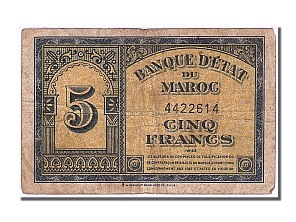 Morocco, 5 Francs, 1943, KM #24, 1943-08-01, VF(30-35), 4422614
