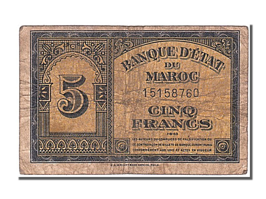 Banknote, Morocco, 5 Francs, 1943, 1943-08-01, EF(40-45)