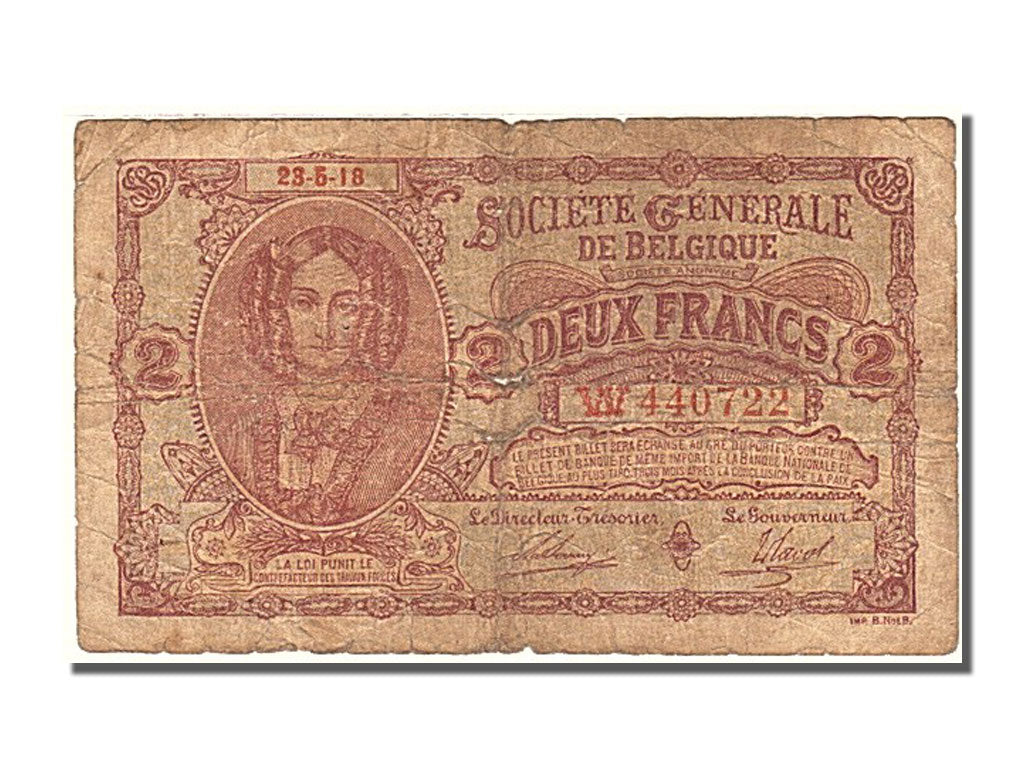 Belgium, 2 Francs, 1918, KM #87, 1918-05-23, VF(20-25), W 440722