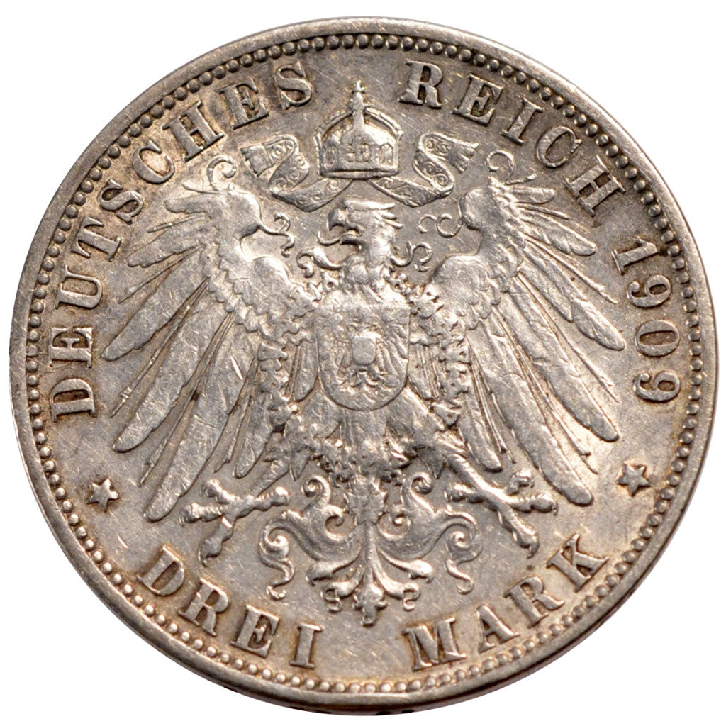 GERMAN STATES, 3 Mark, 1909, Freudenstadt, KM #635, EF(40-45), Silver, 33, 16.54