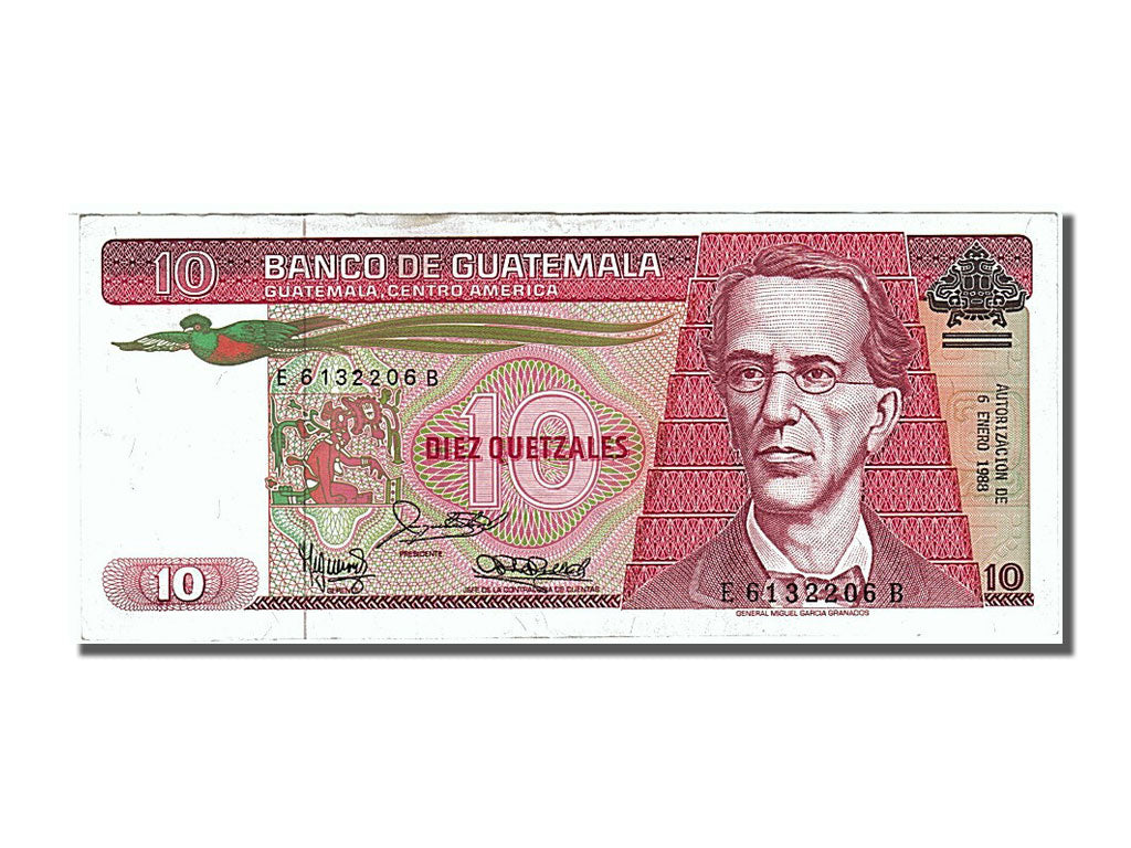 Guatemala, 10 Quetzales, 1988, KM #68, 1988-01-06, EF(40-45), E 6132206 B