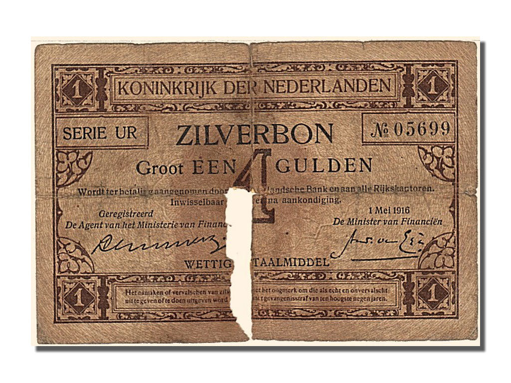 Netherlands, 1 Gulden, 1916, KM #8, 1916-05-01, VG(8-10), UR 05699
