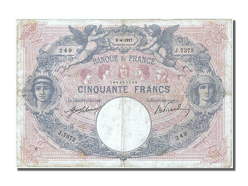 France, 50 Francs, 50 F 1889-1927 ''Bleu et Rose'', 1917, KM #64e, 1917-04-03,..