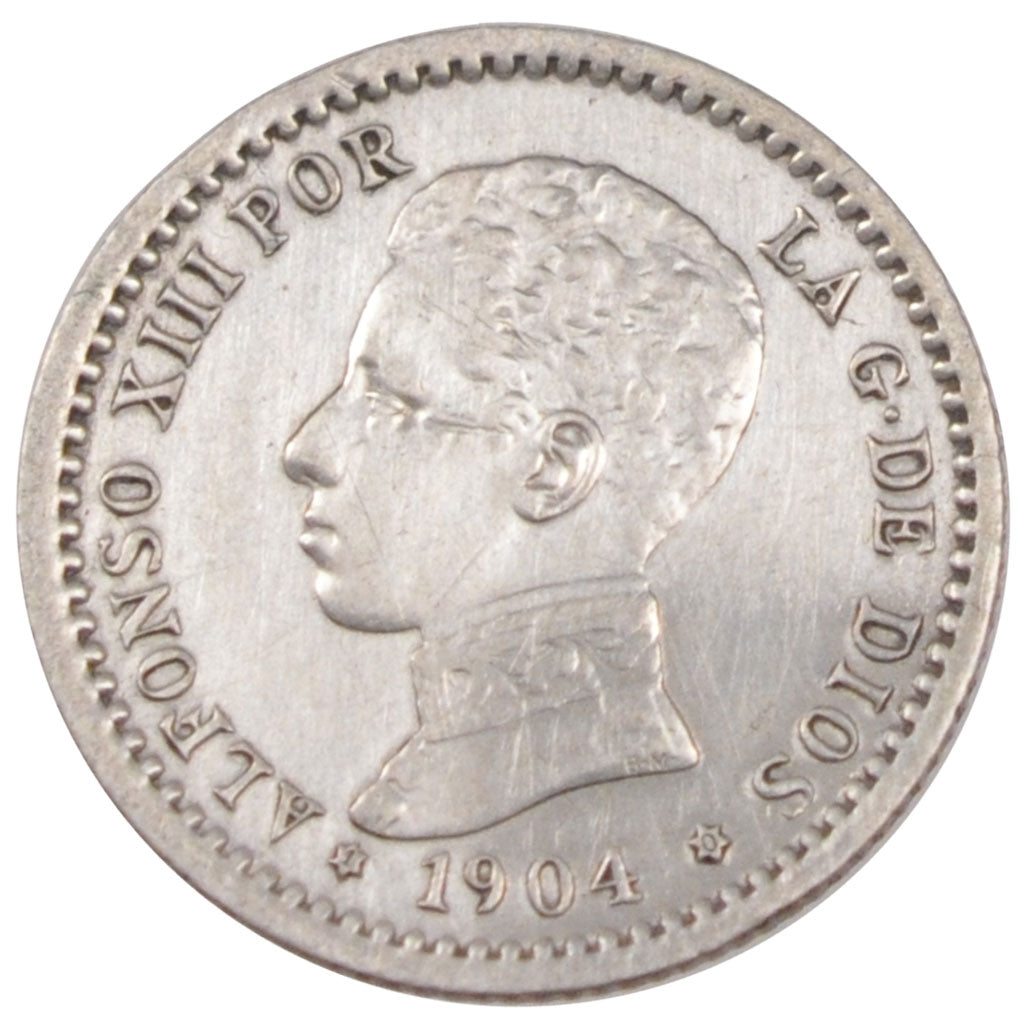 SPAIN, 50 Centimos, 1904, KM #723, EF(40-45), Silver, 2.46