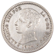 SPAIN, 50 Centimos, 1904, KM #723, EF(40-45), Silver, 2.46