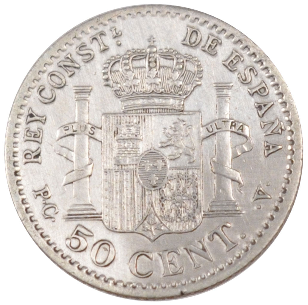 SPAIN, 50 Centimos, 1904, KM #723, EF(40-45), Silver, 2.46