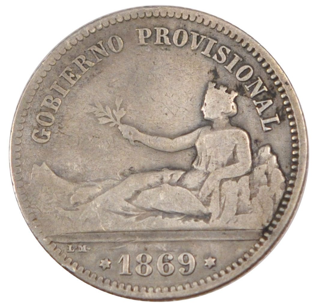 SPAIN, Peseta, 1869, KM #652, VF(20-25), Silver, 4.76