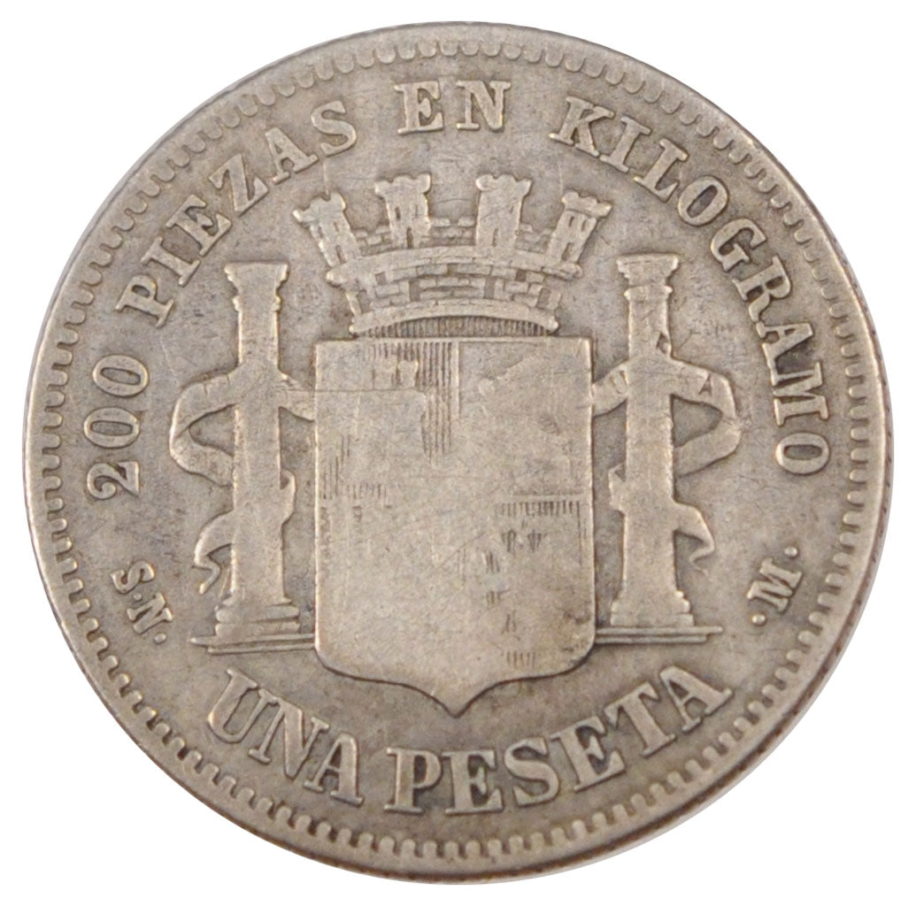 SPAIN, Peseta, 1869, KM #652, VF(20-25), Silver, 4.76