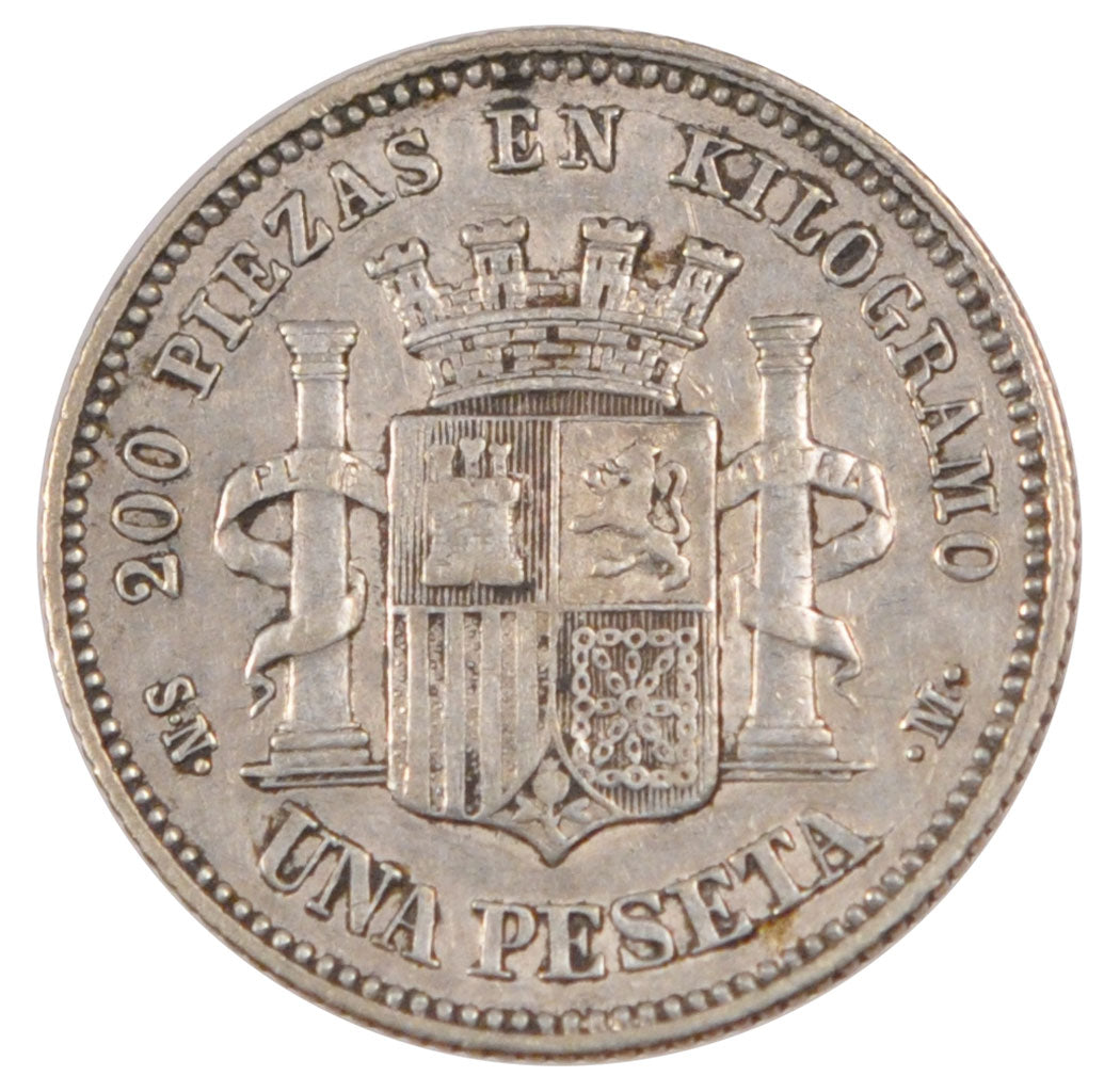 SPAIN, Peseta, 1869, KM #652, EF(40-45), Silver, 4.95
