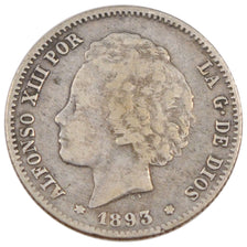 SPAIN, Peseta, 1893, KM #702, VF(30-35), Silver, 4.88