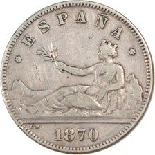 SPAIN, 2 Pesetas, 1870, KM #654, EF(40-45), Silver, 27, 9.77