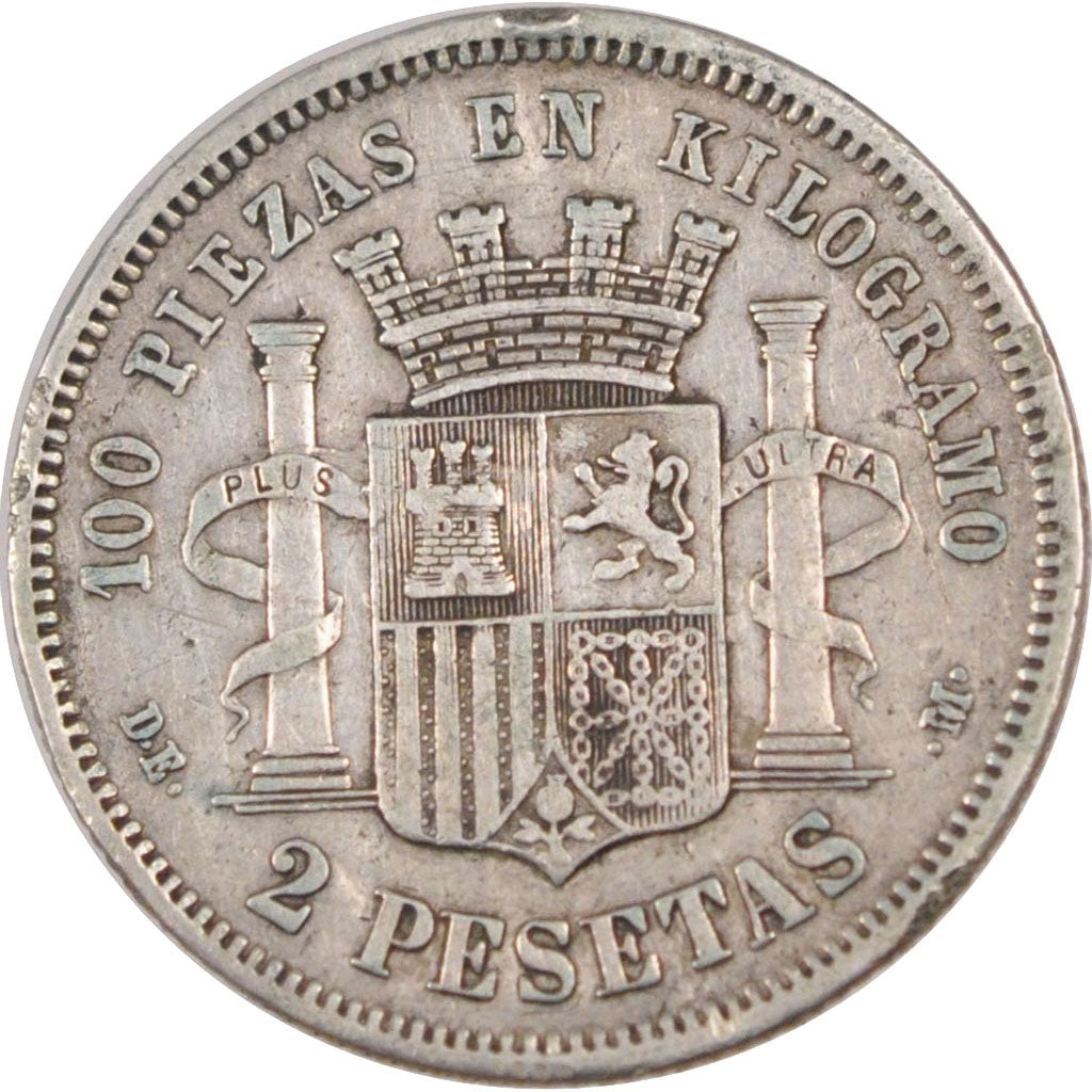 SPAIN, 2 Pesetas, 1870, KM #654, EF(40-45), Silver, 27, 9.77