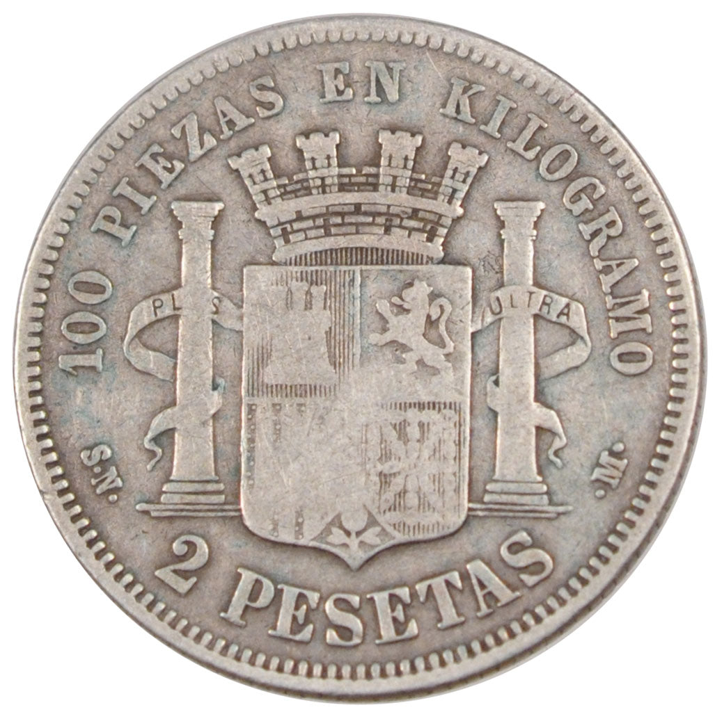SPAIN, 2 Pesetas, 1870, KM #654, VF(30-35), Silver, 27, 9.70