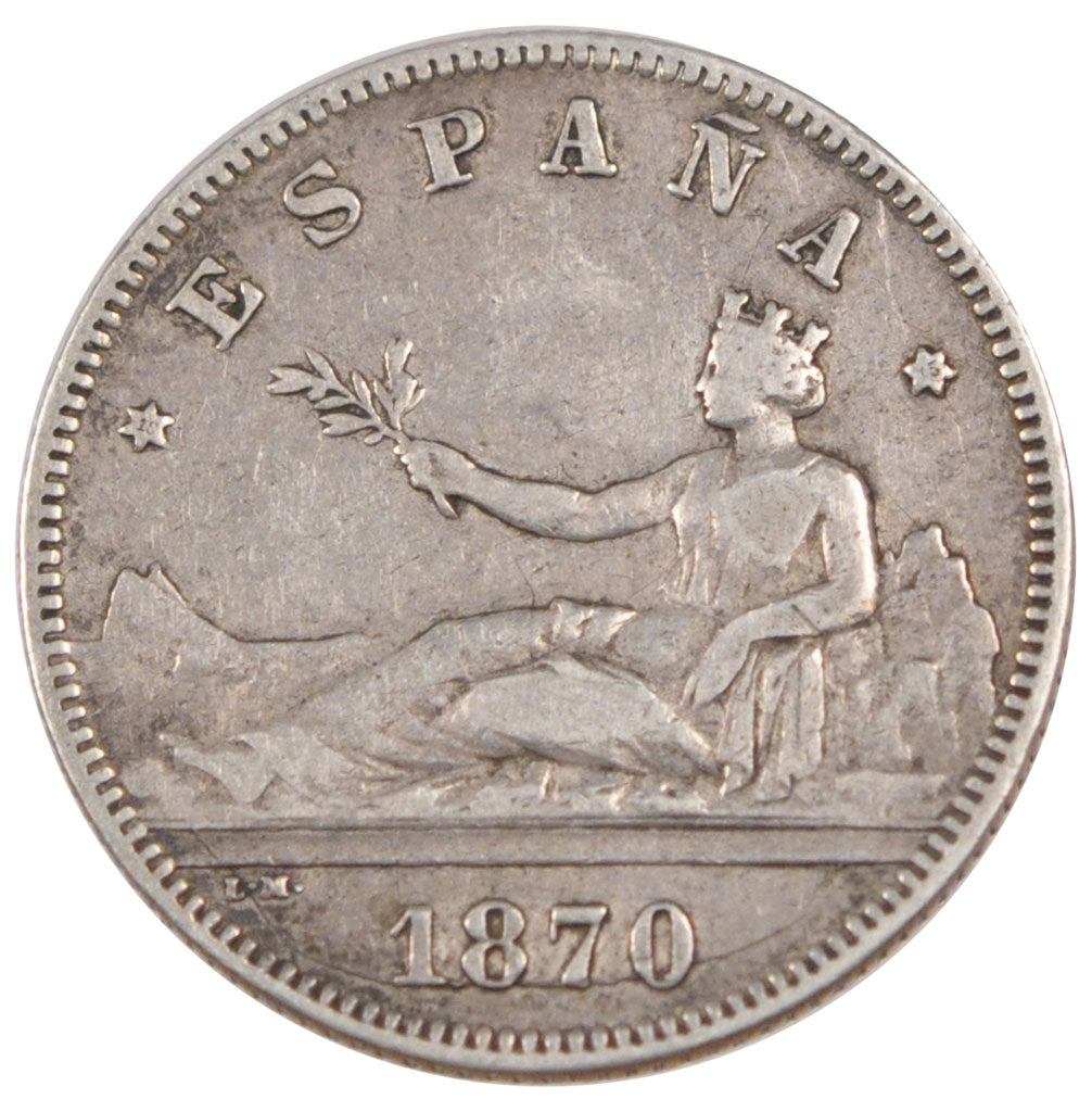 SPAIN, 2 Pesetas, 1870, KM #654, AU(50-53), Silver, 27, 9.90