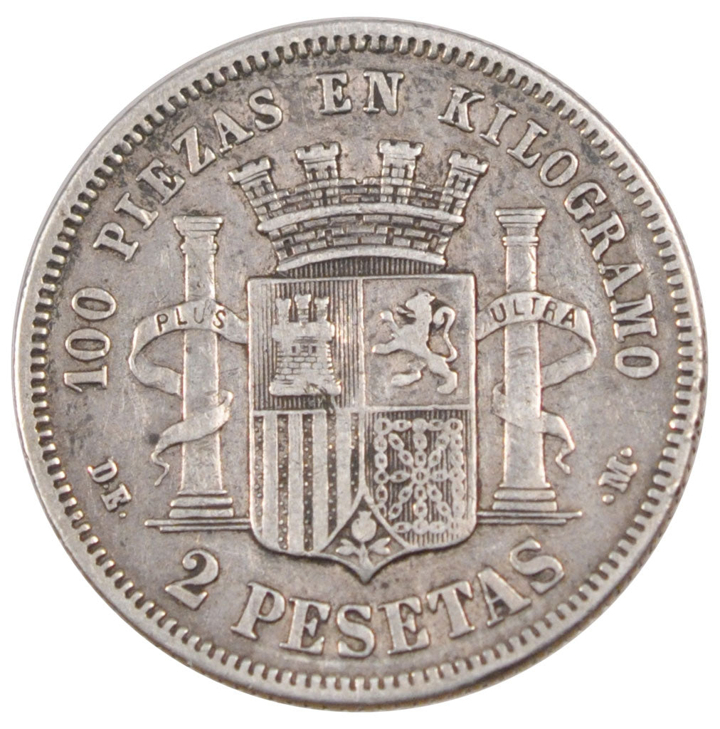 SPAIN, 2 Pesetas, 1870, KM #654, AU(50-53), Silver, 27, 9.90