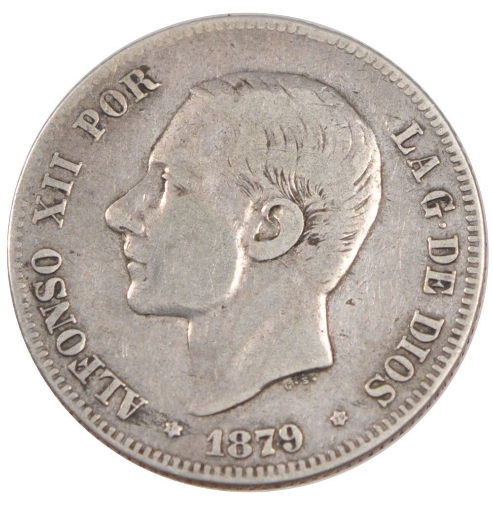 SPAIN, 2 Pesetas, 1879, KM #678.1, EF(40-45), Silver, 27, 9.91