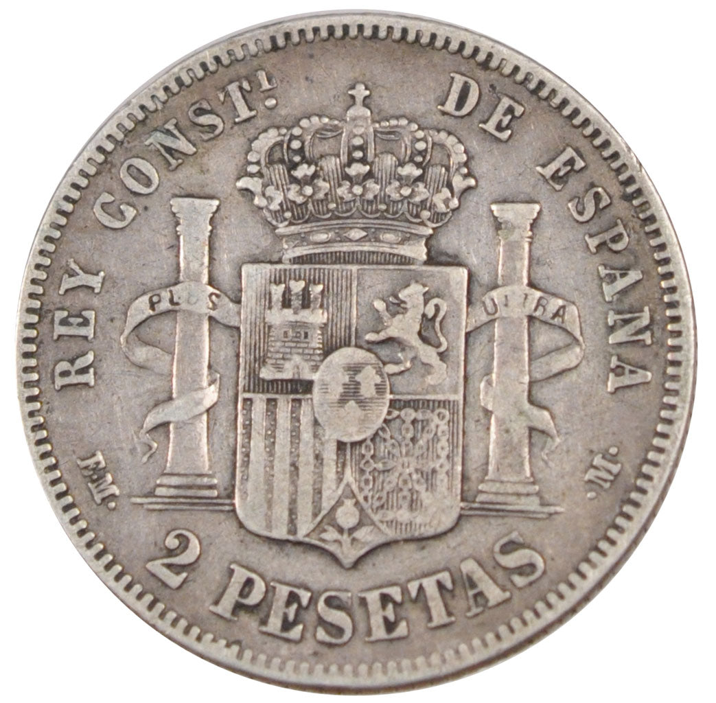 SPAIN, 2 Pesetas, 1879, KM #678.1, EF(40-45), Silver, 27, 9.91